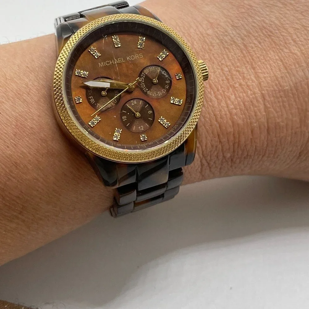 Michael Kors Ritz Simulated Tortoise Goldtone Case Sub Dials Women Watch MK5038